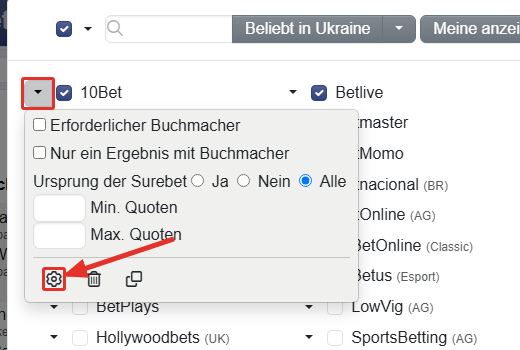 Schwarzes Dreieck neben dem Namen des Buchmachers