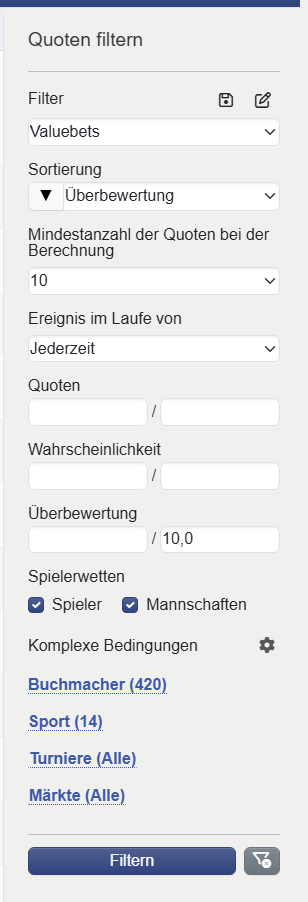 Valuebets-Filter