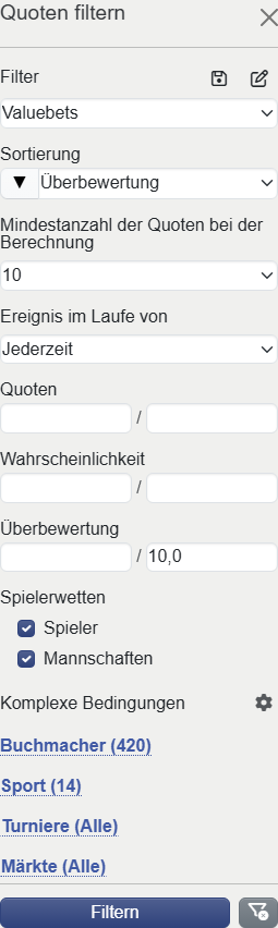 Valuebets-Filter in mobiler Version