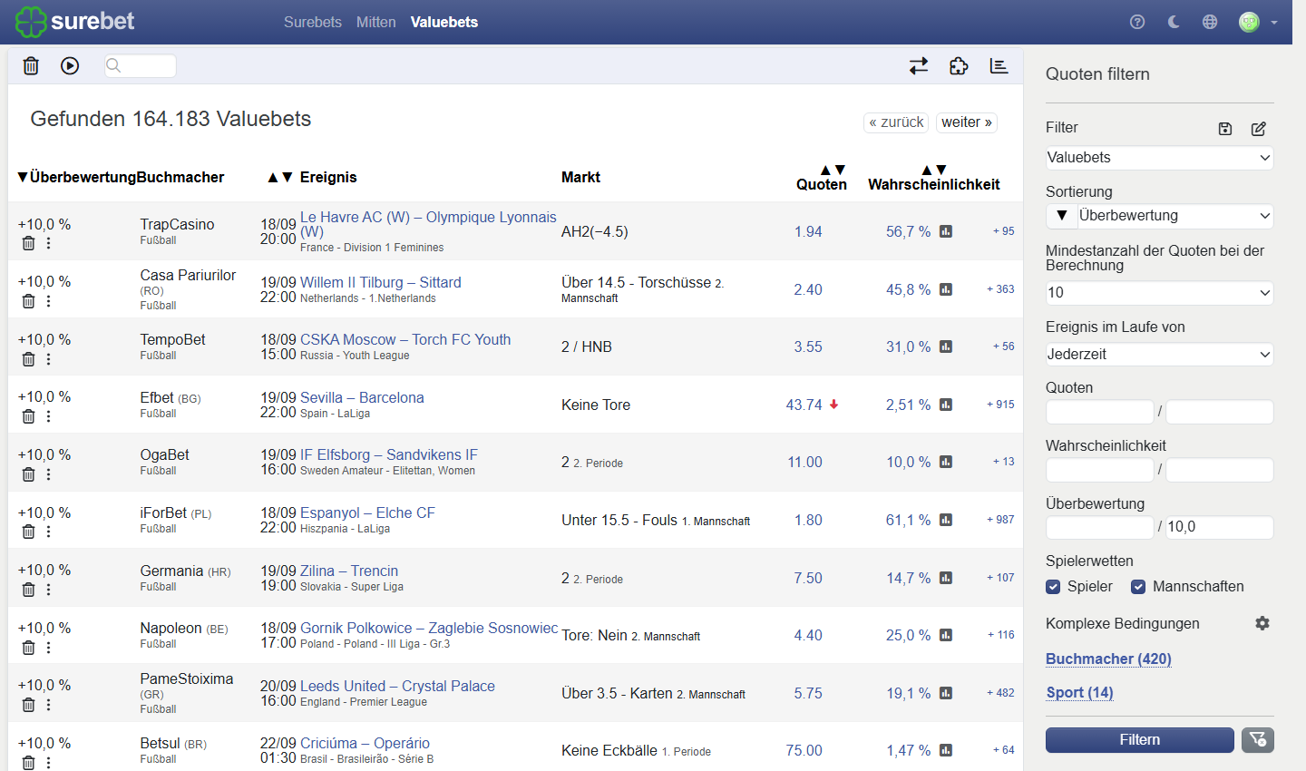 Desktop version of Valuebets Table